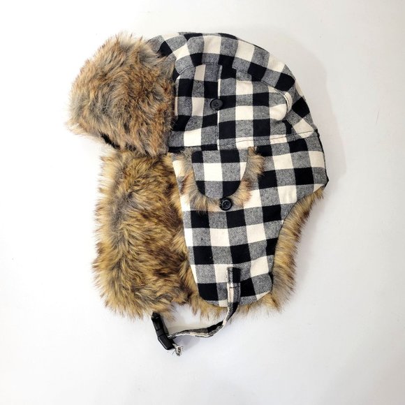 Unbranded Accessories - Black Check Flannel Hat with Flaps Faux Lined Cabincore